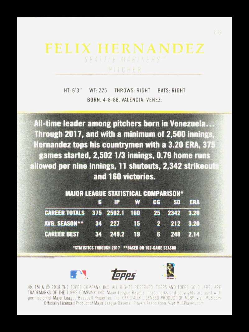 Load image into Gallery viewer, 2018 Topps Gold Label Class 1 Blue Felix Hernandez #86 SP Seattle Mariners /150 Image 2
