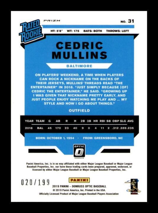 2019 Donruss Optic Pink Velocity Prizm Cedric Mullins 