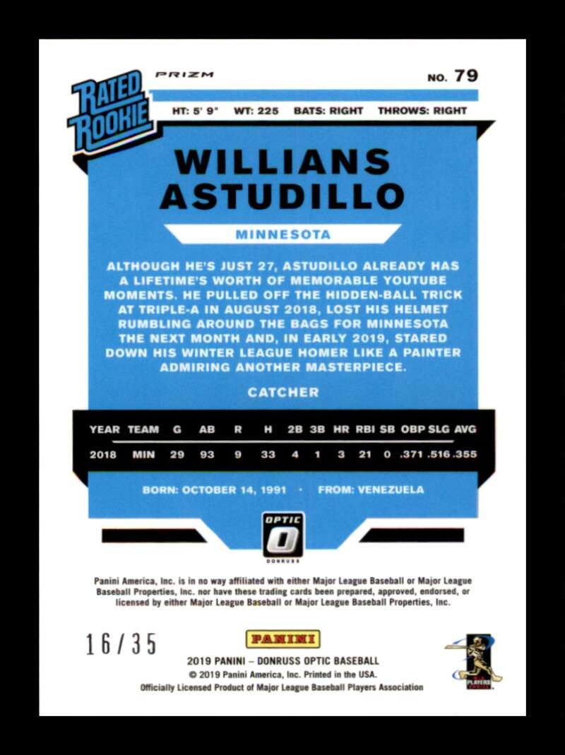 Load image into Gallery viewer, 2019 Donruss Optic Teal Velocity Prizm Willians Astudillo #79 Rookie RC SP /35 Image 2
