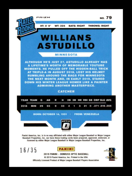 2019 Donruss Optic Teal Velocity Prizm Willians Astudillo