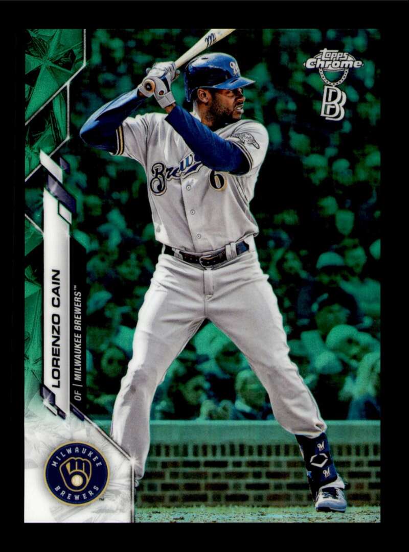 Load image into Gallery viewer, 2020 Topps Chrome Ben Baller Green Refractor Lorenzo Cain #153 SP Brewers /99  Image 1
