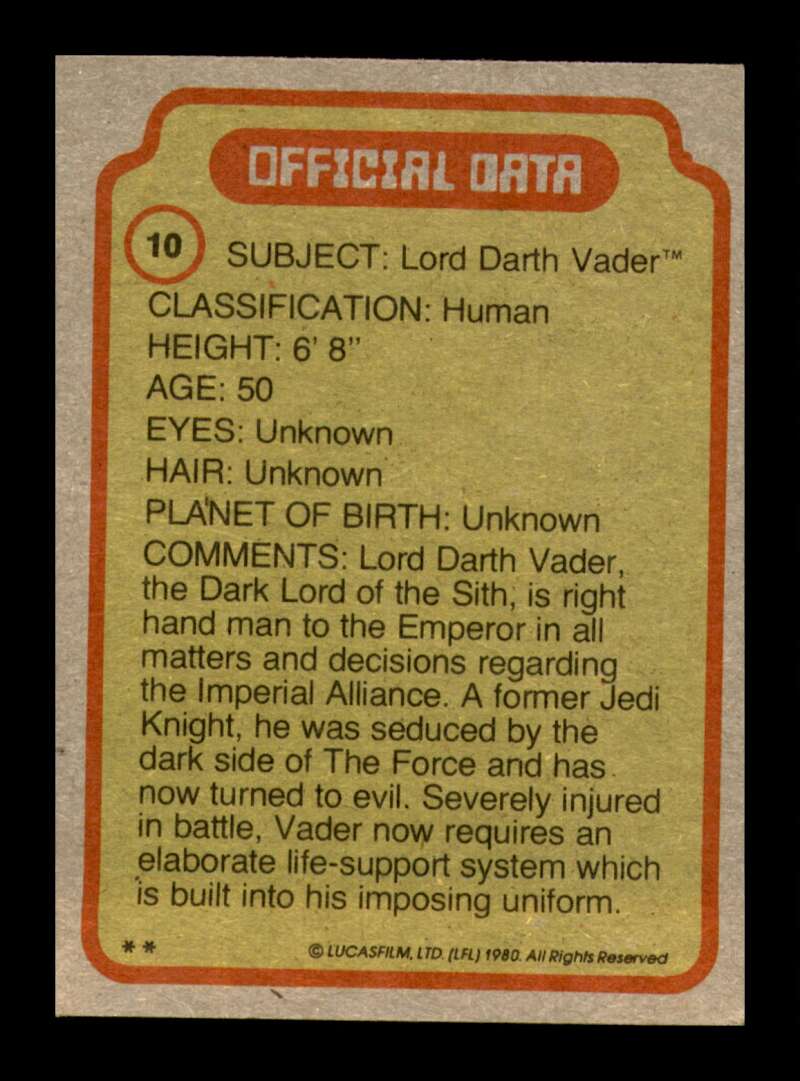 Load image into Gallery viewer, 1980 Topps Star Wars The Empire Strikes Back Darth Vader #10 Star File EX-EXMINT Image 2
