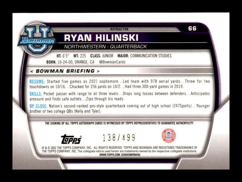 Load image into Gallery viewer, 2022 Bowman Chrome University Refractor Auto Ryan Hilinski #66 Northwestern Rookie RC /499  Image 2
