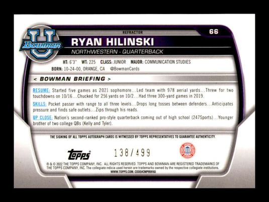 2022 Bowman Chrome University Refractor Auto Ryan Hilinski