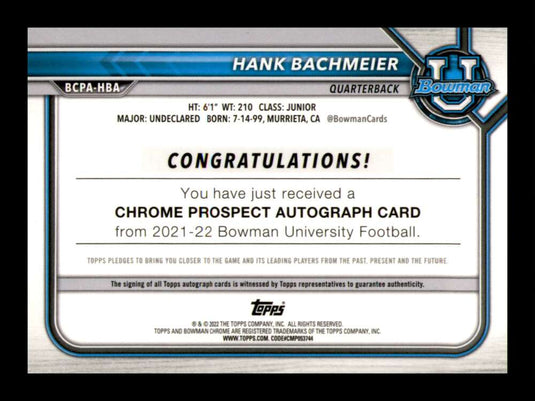 2022 Bowman University Chrome Lava Auto Hank Bachmeier 