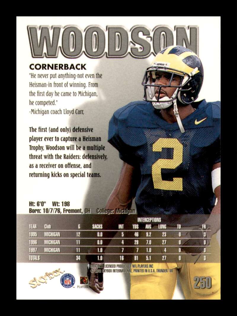 Load image into Gallery viewer, 1998 SkyBox Thunder Charles Woodson #250 Oakland Raiders Rookie RC  Image 2
