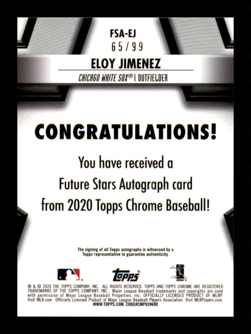 Load image into Gallery viewer, 2020 Topps Chrome Future Stars Auto Eloy Jimenez #FSA-EJ Chicago White Sox /99 Image 2
