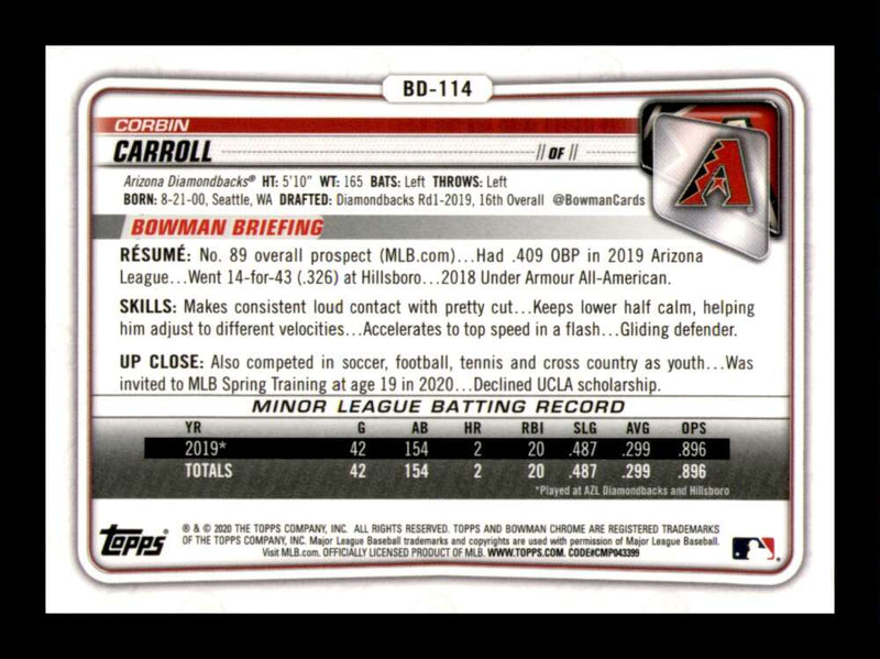 Load image into Gallery viewer, 2020 Bowman Draft Sapphire Corbin Carroll #BD-114 Arizona Diamondbacks Rookie RC Image 2

