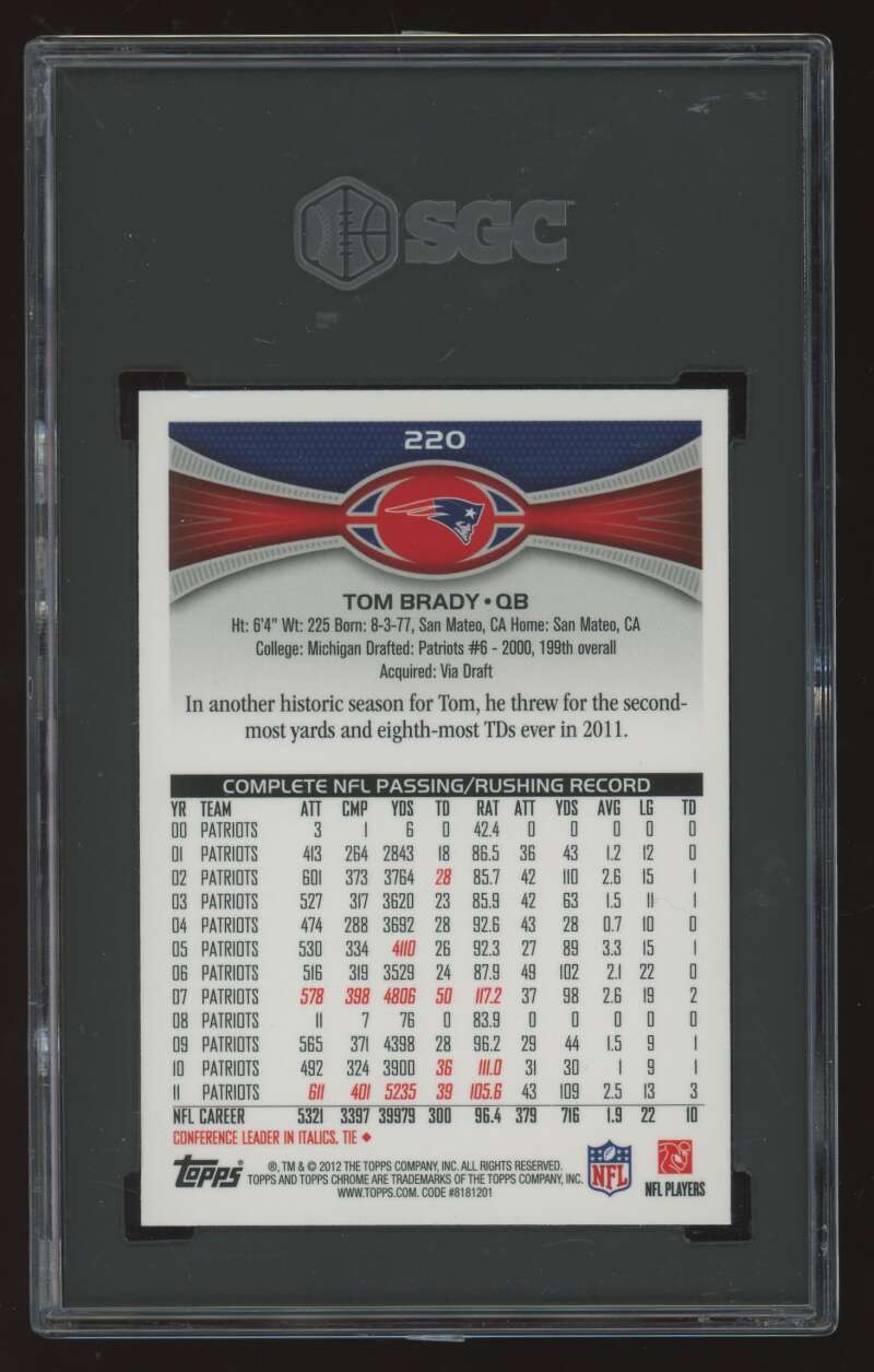 Load image into Gallery viewer, 2012 Topps Chrome Tom Brady #220 New England Patriots SGC 9.5 Image 2
