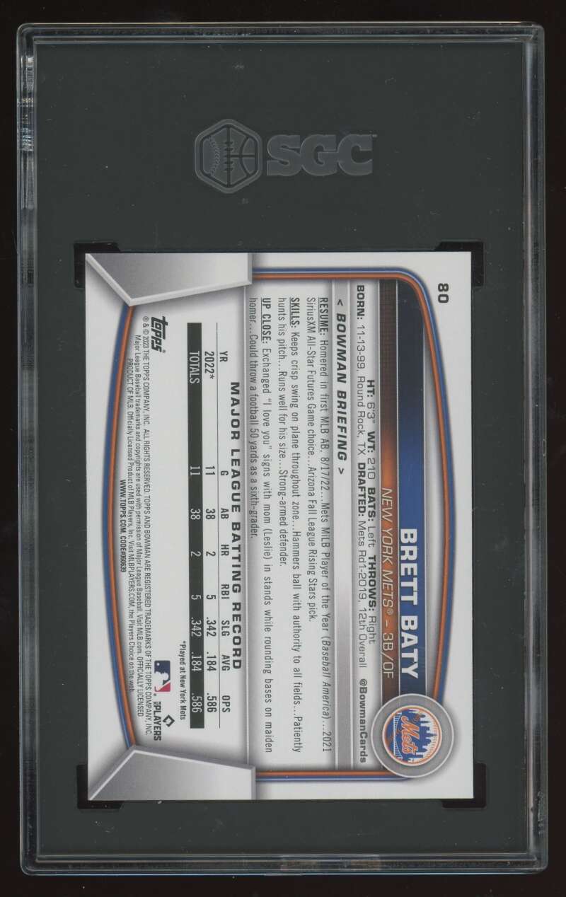 Load image into Gallery viewer, 2023 Bowman Brett Baty #80 Rookie RC SGC 10 Image 2
