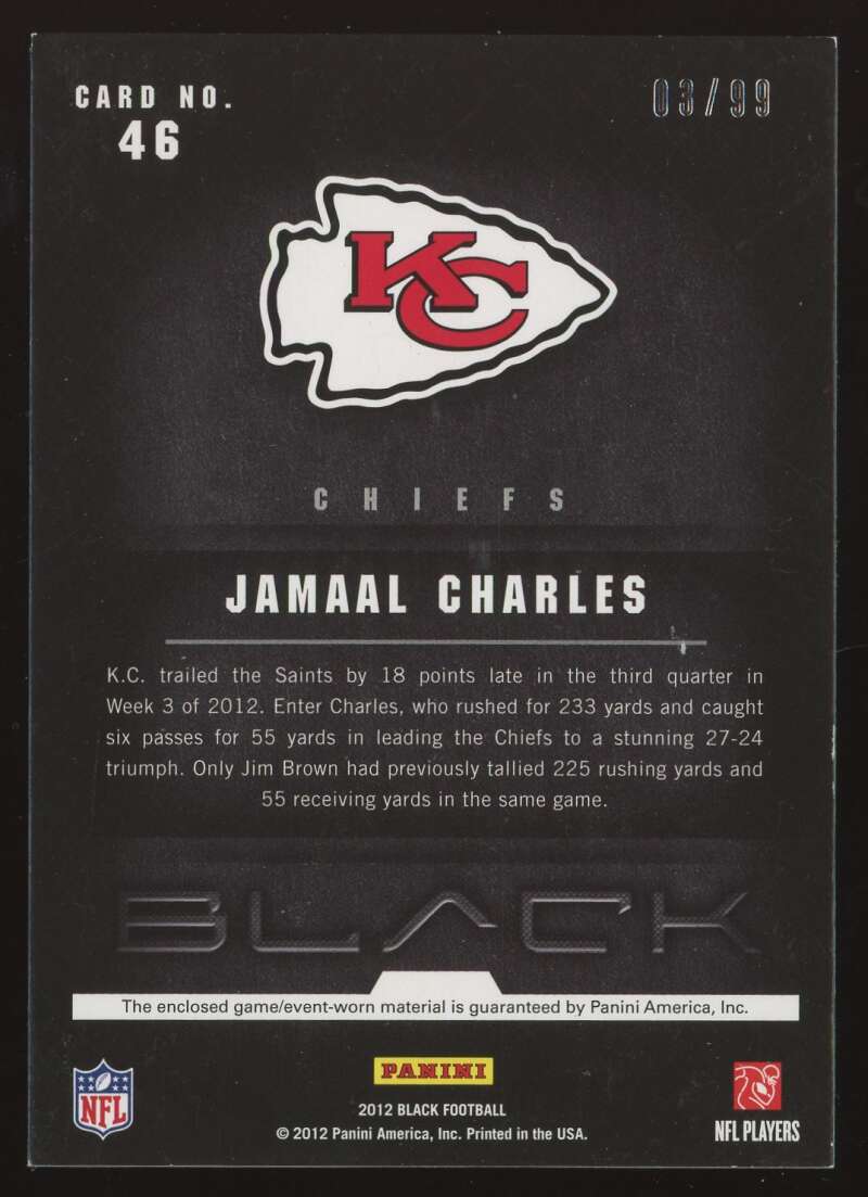 Load image into Gallery viewer, 2012 Panini Black NFL Equipment Jamaal Charles #46 Kansas City Chiefs Patch Relic /99  Image 2
