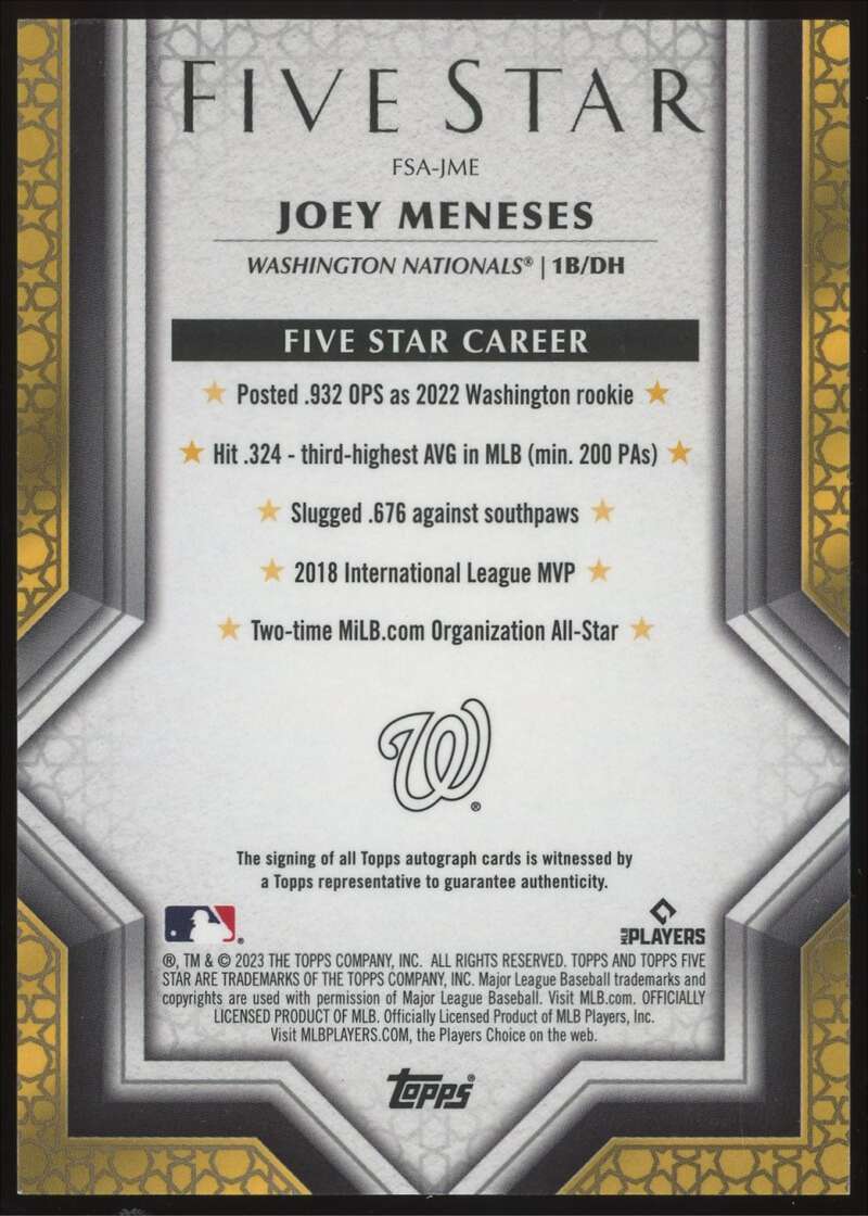 Load image into Gallery viewer, 2023 Topps Five Star Auto Joey Meneses #FSA-JME Washington Nationals Rookie RC Autograph Image 2
