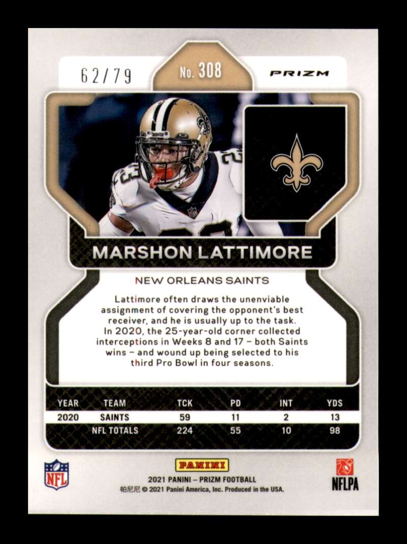 Load image into Gallery viewer, 2021 Panini Prizm No Huddle Blue Prizm Marshon Lattimore #308 New Orleans Saints /79  Image 2
