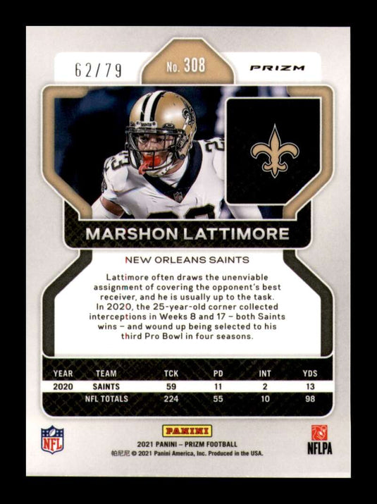 2021 Panini Prizm No Huddle Blue Prizm Marshon Lattimore 