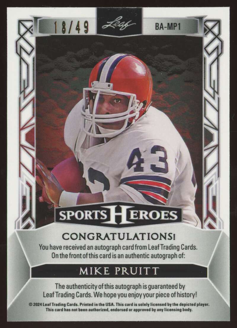 Load image into Gallery viewer, 2024 Leaf Sports Heroes Black Shimmer Auto Mike Pruitt #BA-MP1 Cleveland Browns /49 Image 2
