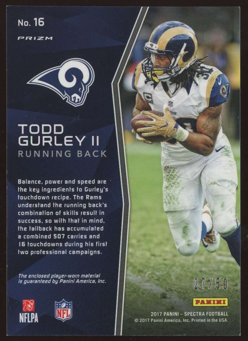 Load image into Gallery viewer, 2017 Panini Spectra Triple Threats Neon Blue Todd Gurley #16 Los Angeles Rams Patch Relic /50  Image 2
