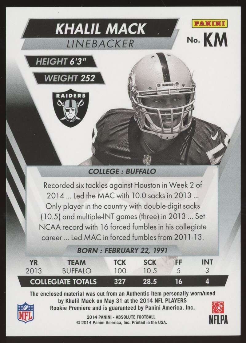Load image into Gallery viewer, 2014 Panini Absolute Quad Patch Khalil Mack #KM Oakland Raiders Rookie RC Relic /249  Image 2

