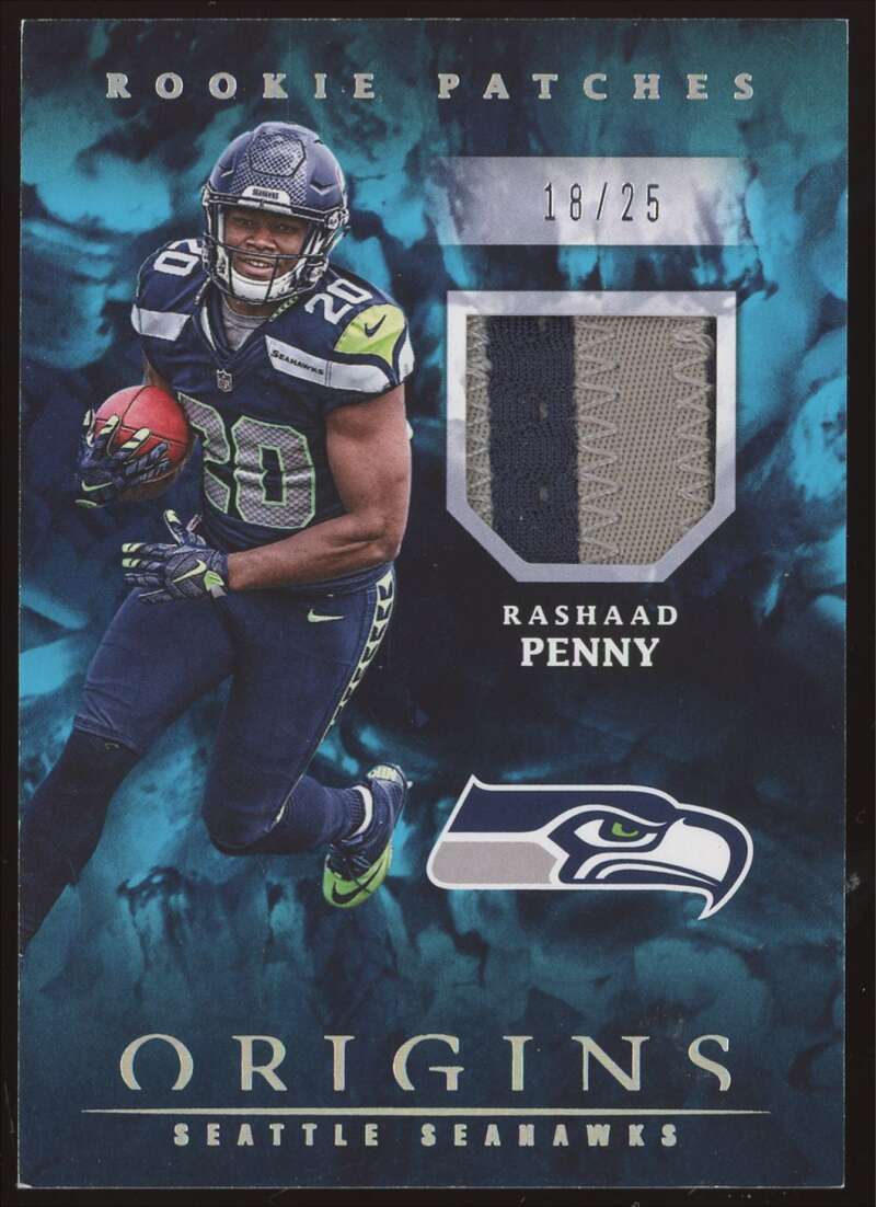 Load image into Gallery viewer, 2018 Panini Origins Rookie Patch Turquoise Rashaad Penny #RP-25 Seattle Seahawks RC Relic /25  Image 1
