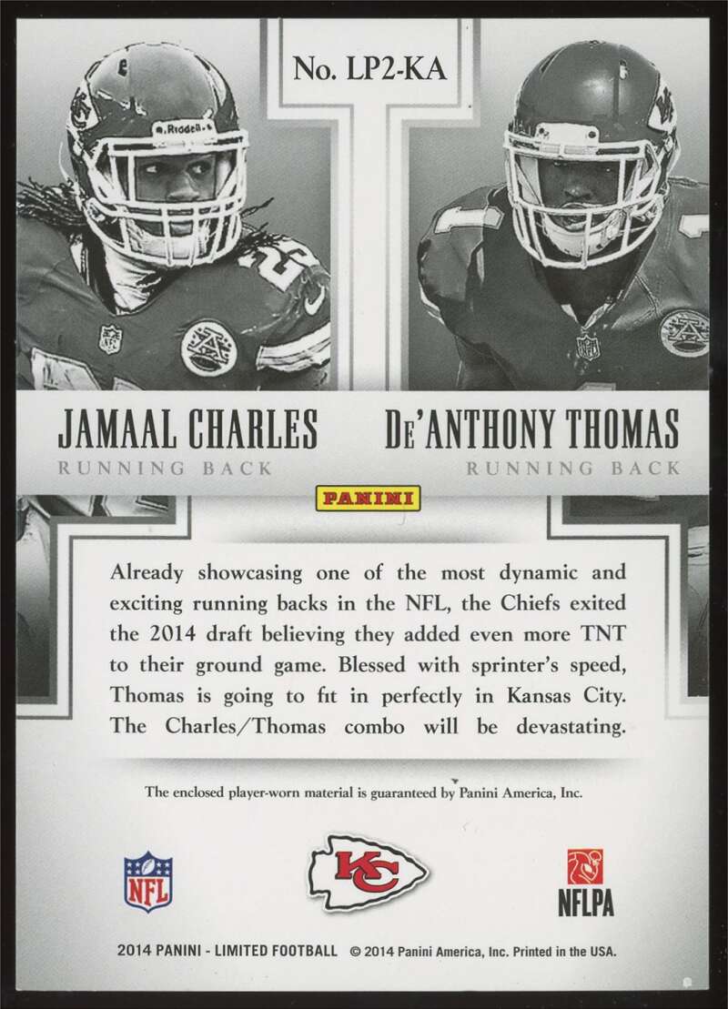 Load image into Gallery viewer, 2014 Panini Limited Partnerships Dual Patch De&#39;Anthony Thomas Jamaal Charles #LP2-KA Kansas City Chiefs Relic /25  Image 2
