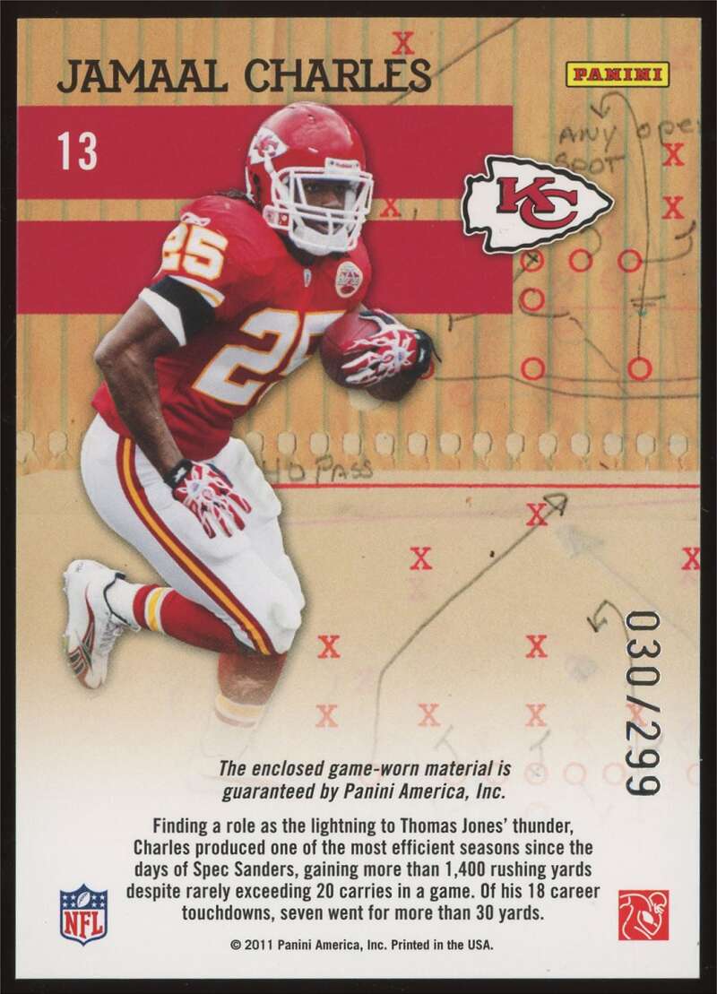 Load image into Gallery viewer, 2011 Donruss Elite Craftsmen Patch Jamaal Charles #13 Kansas City Chiefs Relic /299  Image 2
