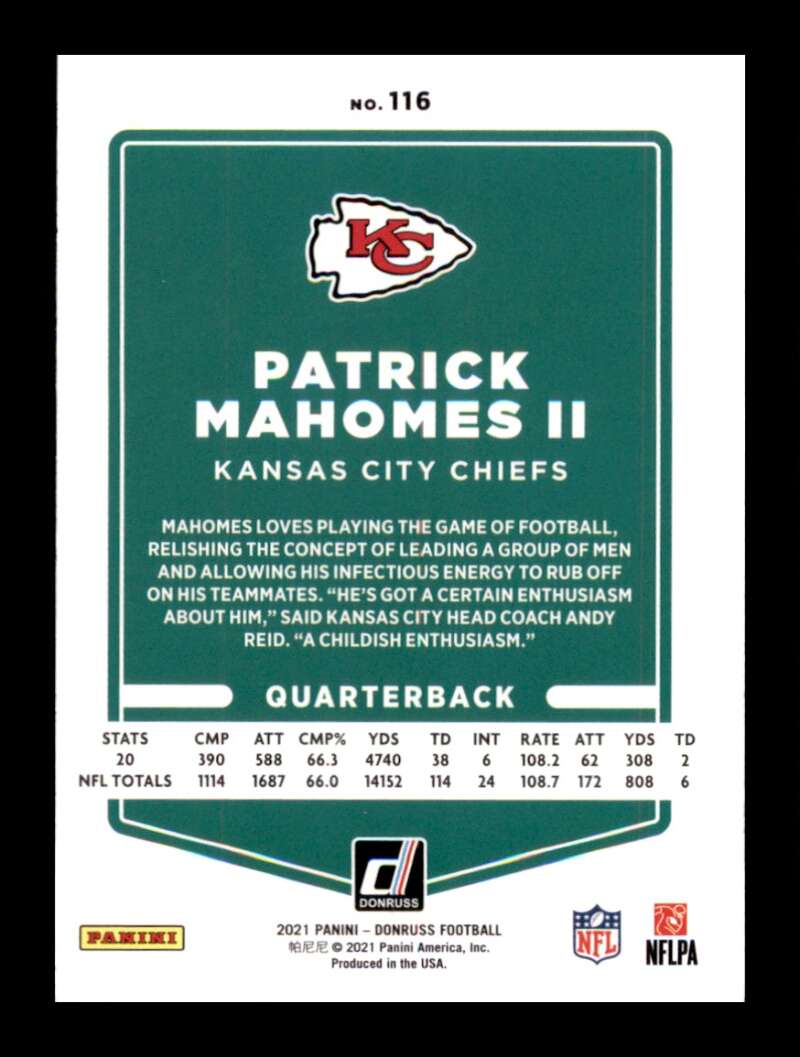 Load image into Gallery viewer, 2021 Donruss Patrick Mahomes II #116 Kansas City Chiefs  Image 2
