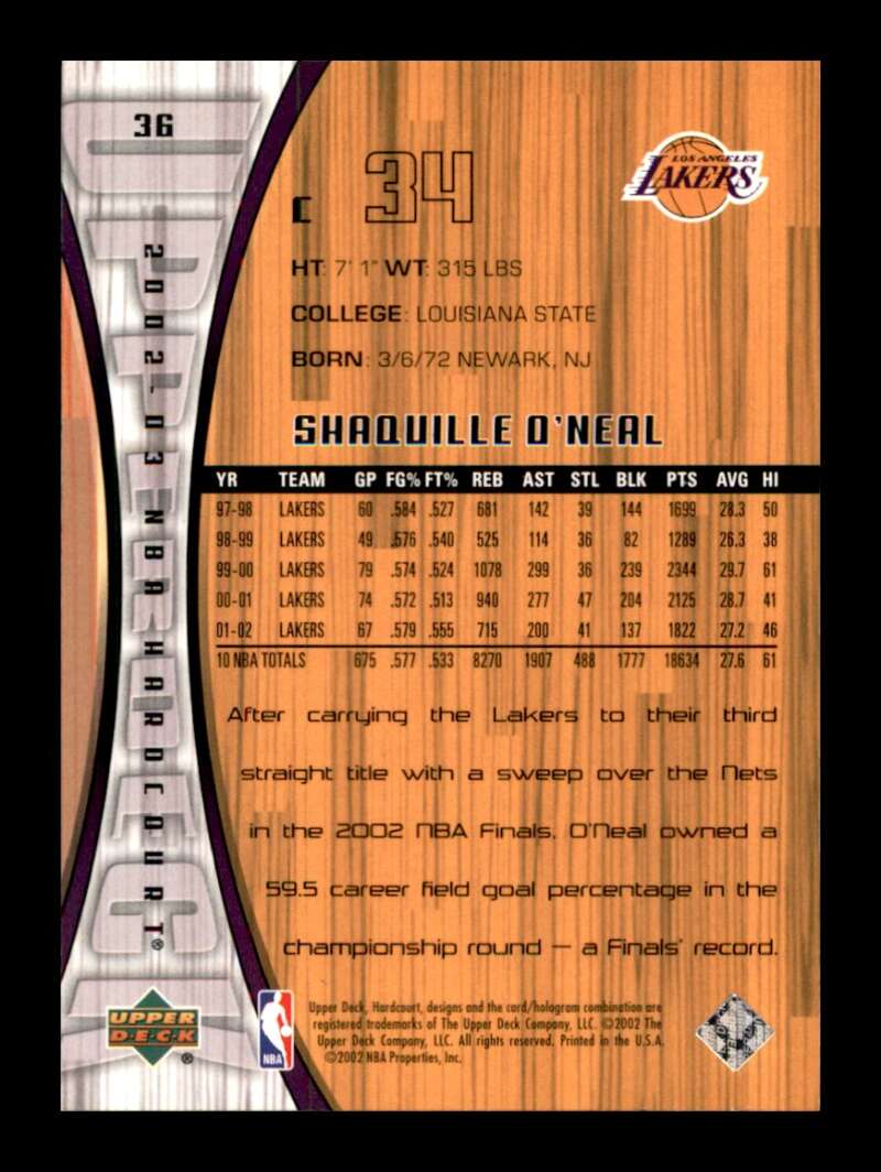 Load image into Gallery viewer, 2002-03 Upper Deck Hardcourt Shaquille O&#39;Neal #36 Los Angeles Lakers  Image 2
