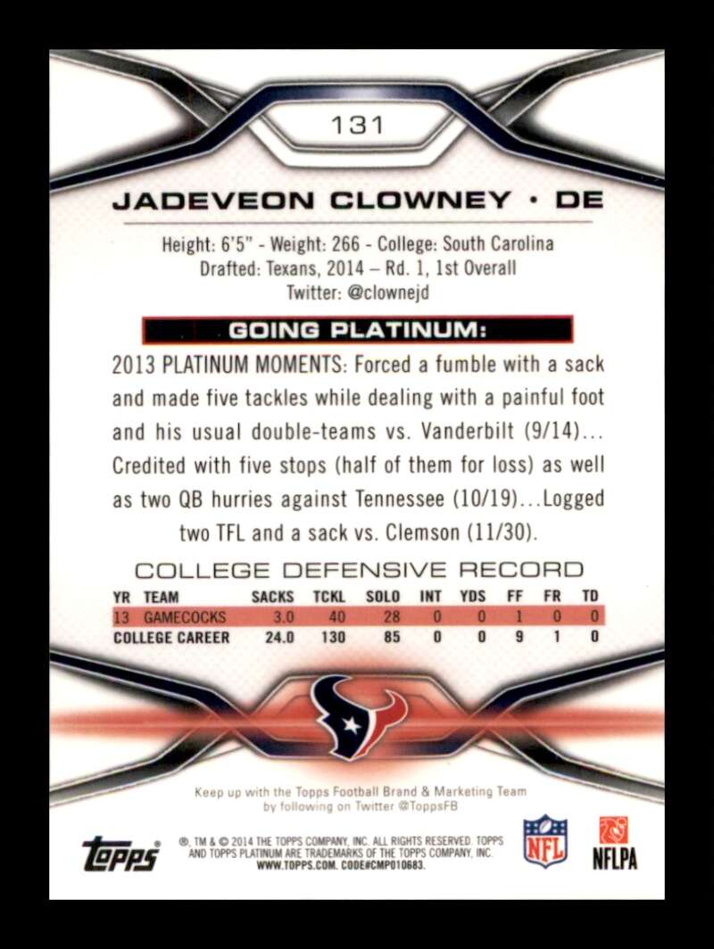 Load image into Gallery viewer, 2014 Topps Platinum Jadeveon Clowney #131 Houston Texans Rookie RC  Image 2
