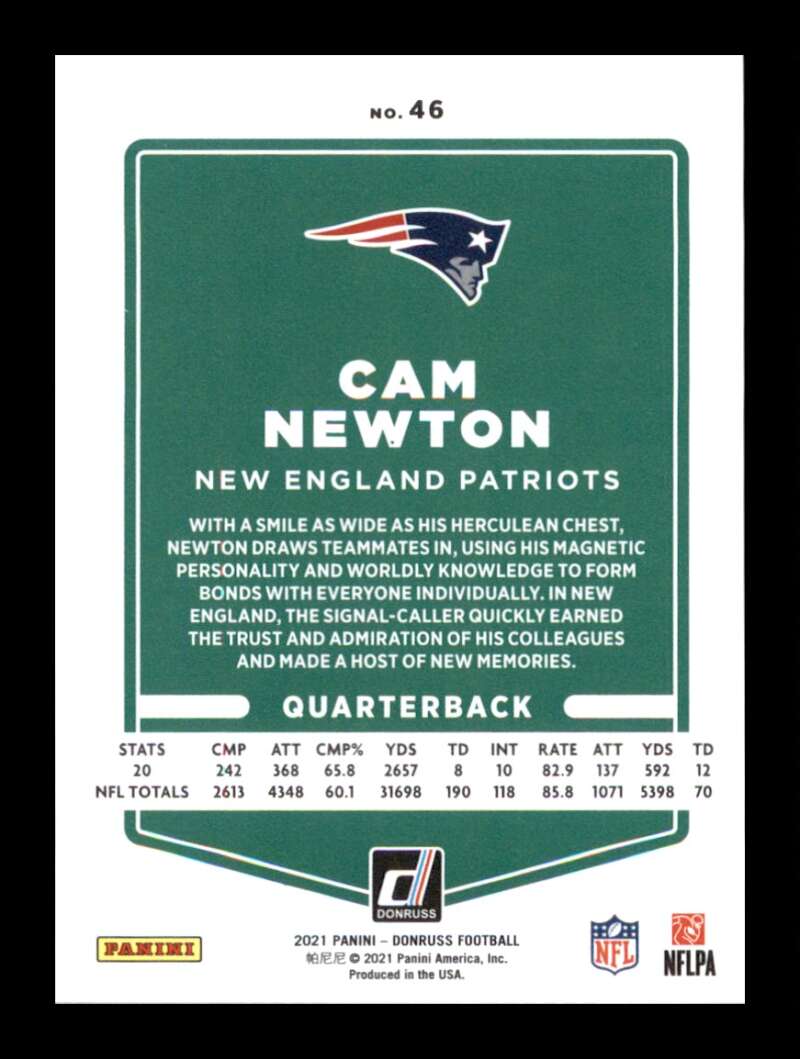 Load image into Gallery viewer, 2021 Donruss Press Proof Gold Cam Newton #46 New England Patriots  Image 2
