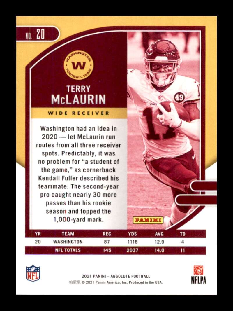 Load image into Gallery viewer, 2021 Panini Absolute Red Squares Terry McLaurin #20 Washington Football Team /499  Image 2
