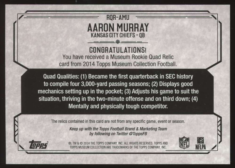 Load image into Gallery viewer, 2014 Topps Museum Quad Relic Gold Aaron Murray #RQR-AMU Kansas City Chiefs Rookie RC /25  Image 2
