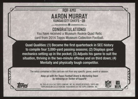 2014 Topps Museum Quad Relic Gold Aaron Murray 