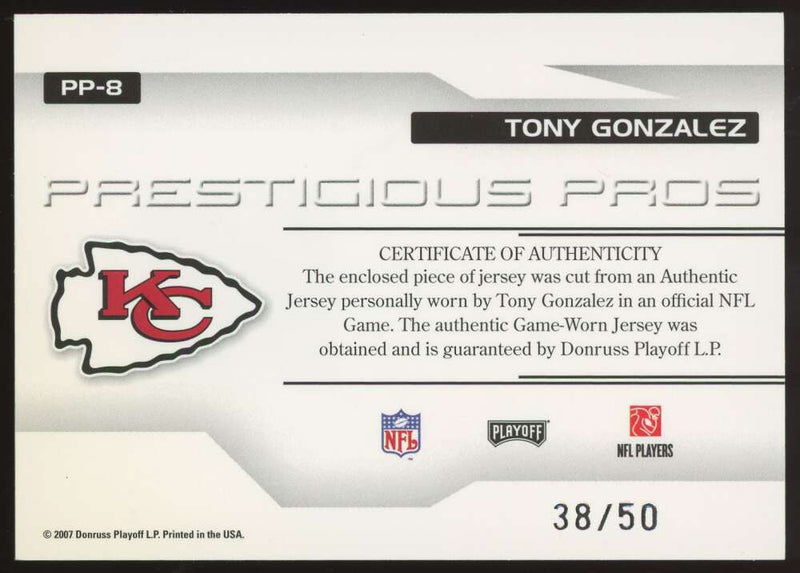 Load image into Gallery viewer, 2007 Playoff Prestige Prestigious Pros Patch Gold Tony Gonzalez #PP-8 Kansas City Chiefs /50  Image 2
