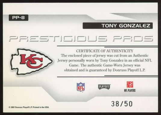 2007 Playoff Prestige Prestigious Pros Patch Gold Tony Gonzalez