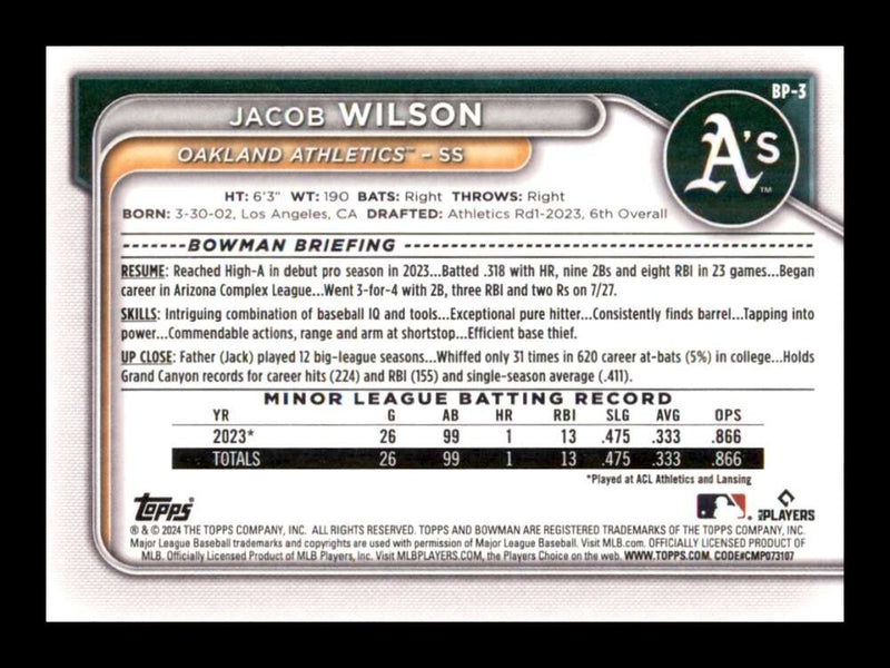 Load image into Gallery viewer, 2024 Bowman Jacob Wilson #BP-3 Oakland Athletics Rookie RC Image 2
