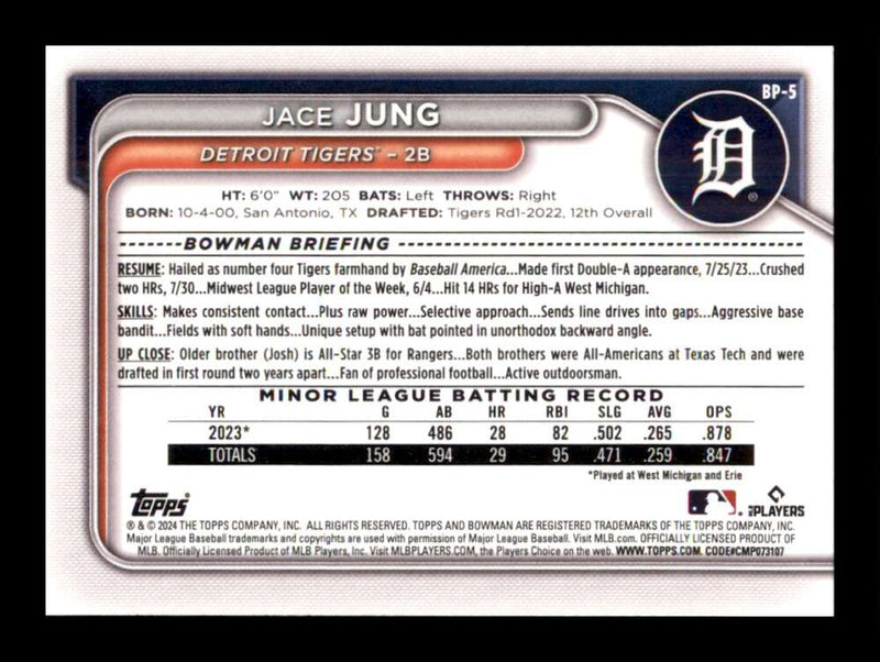 Load image into Gallery viewer, 2024 Bowman Jace Jung #BP-5 Detroit Tigers Rookie RC Image 2
