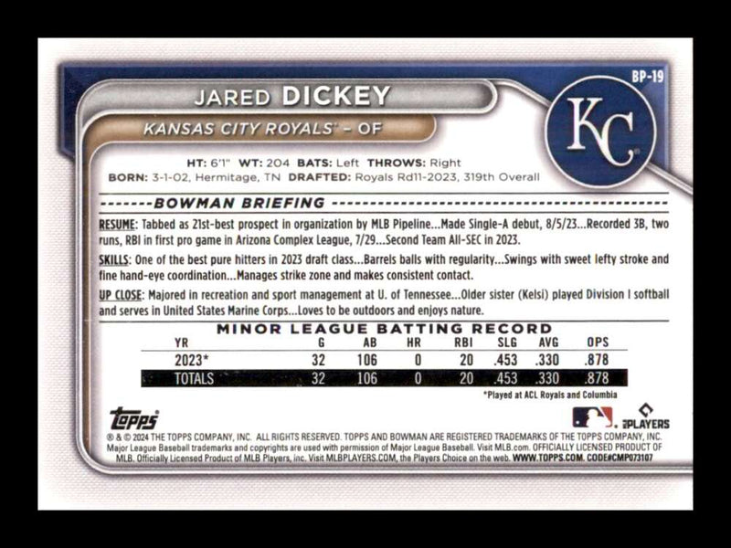 Load image into Gallery viewer, 2024 Bowman Jared Dickey #BP-19 Kansas City Royals Rookie RC Image 2
