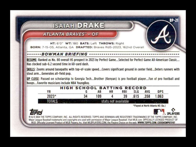 Load image into Gallery viewer, 2024 Bowman Isaiah Drake #BP-21 Atlanta Braves Rookie RC Image 2
