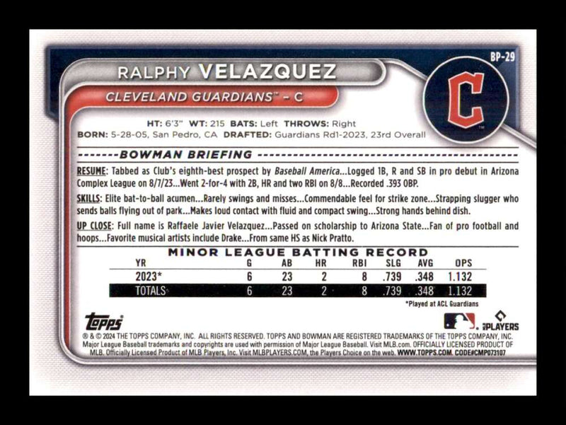 Load image into Gallery viewer, 2024 Bowman Ralphy Velazquez #BP-29 Cleveland Guardians Rookie RC Image 2
