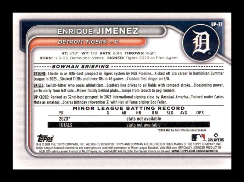 Load image into Gallery viewer, 2024 Bowman Enrique Jimenez #BP-31 Detroit Tigers Rookie RC Image 2
