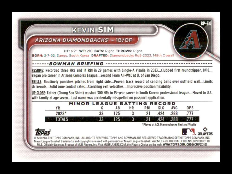 Load image into Gallery viewer, 2024 Bowman Kevin Sim #BP-34 Arizona Diamondbacks Rookie RC Image 2
