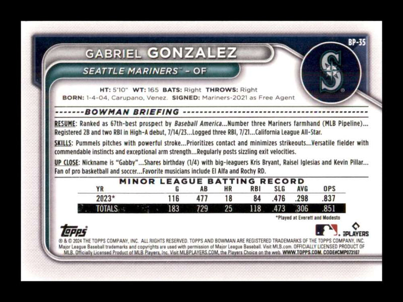 Load image into Gallery viewer, 2024 Bowman Gabriel Gonzalez #BP-35 Seattle Mariners Rookie RC Image 2
