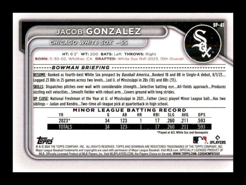 Load image into Gallery viewer, 2024 Bowman Jacob Gonzalez #BP-41 Chicago White Sox Rookie RC Image 2
