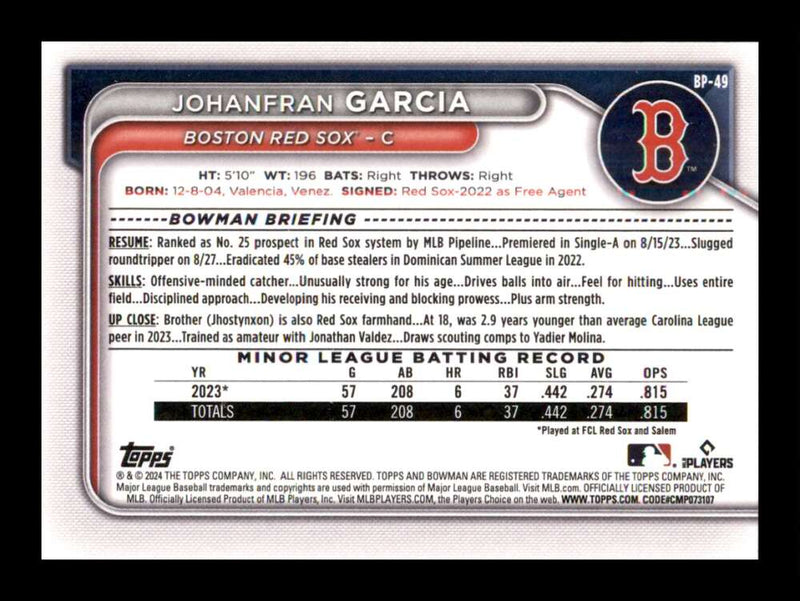 Load image into Gallery viewer, 2024 Bowman Johanfran Garcia #BP-49 Boston Red Sox Rookie RC Image 2
