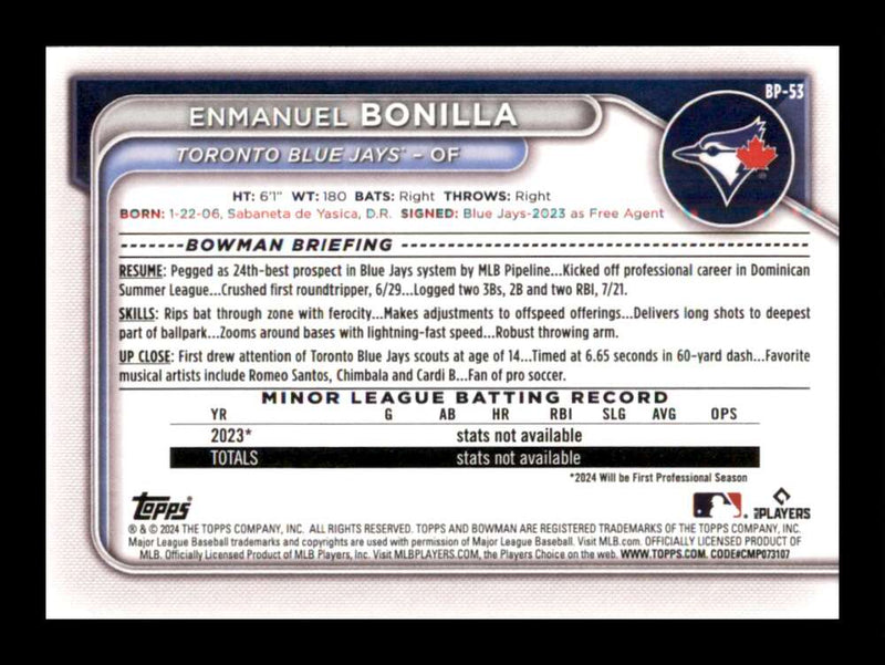 Load image into Gallery viewer, 2024 Bowman Enmanuel Bonilla #BP-53 Toronto Blue Jays Rookie RC Image 2
