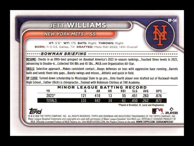 Load image into Gallery viewer, 2024 Bowman Jett Williams #BP-54 New York Mets Rookie RC Image 2
