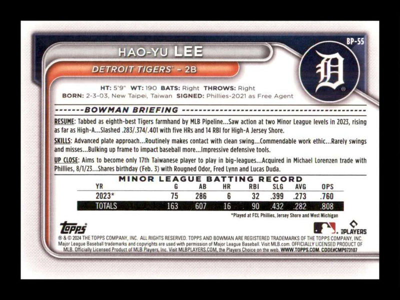 Load image into Gallery viewer, 2024 Bowman Hao-Yu Lee #BP-55 Detroit Tigers Rookie RC Image 2
