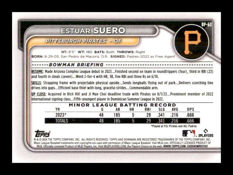 Load image into Gallery viewer, 2024 Bowman Estuar Suero #BP-63 Pittsburgh Pirates Rookie RC Image 2
