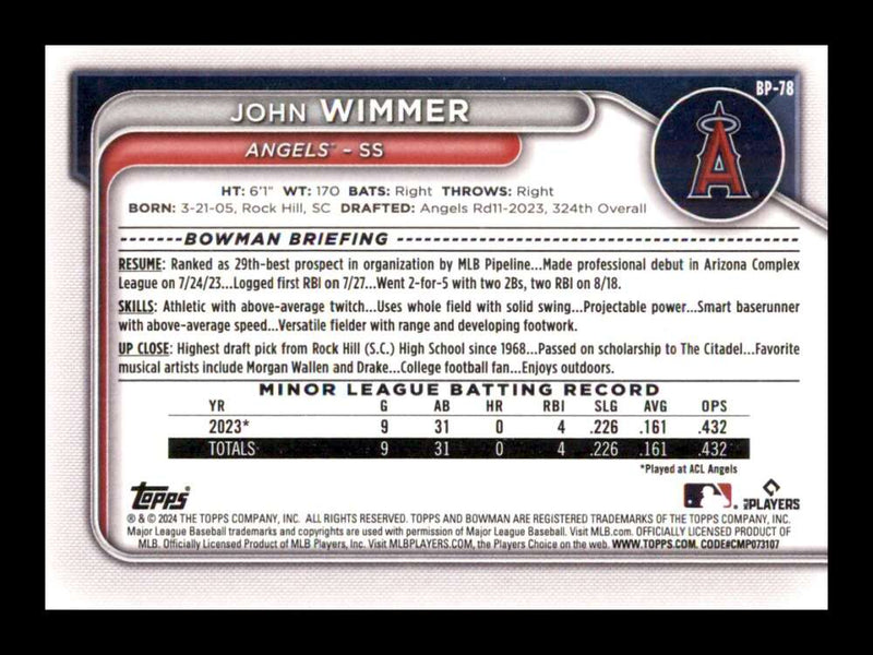 Load image into Gallery viewer, 2024 Bowman John Wimmer #BP-78 Los Angeles Angels Rookie RC Image 2
