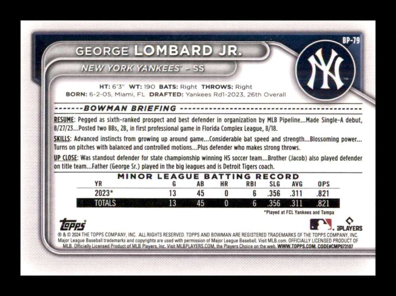 Load image into Gallery viewer, 2024 Bowman George Lombard Jr. #BP-79 New York Yankees Rookie RC Image 2
