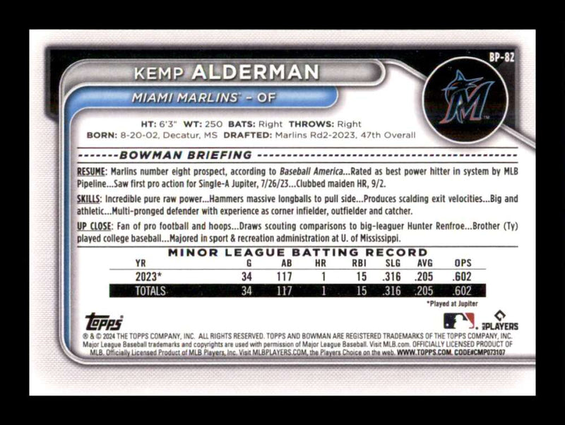 Load image into Gallery viewer, 2024 Bowman Kemp Alderman #BP-82 Miami Marlins Rookie RC Image 2
